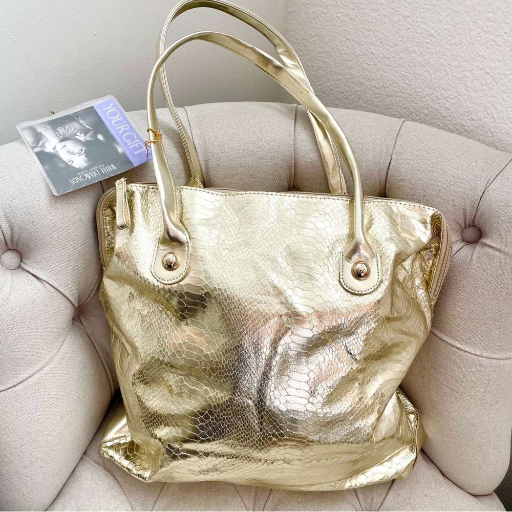 💛 New Elizabeth Taylor gold metallic snake texture tote shoulder bag satchel